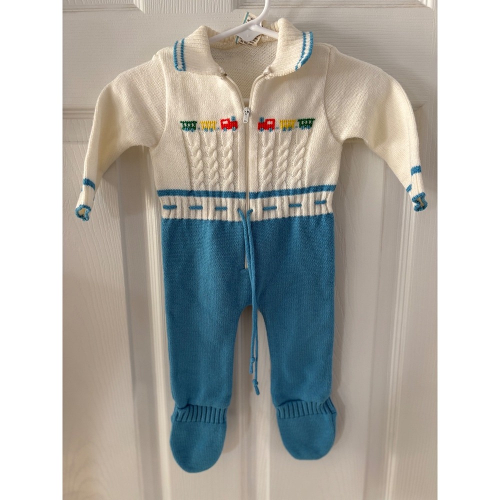 Vintage Baby Knit Footed Romper Train‎ Embroidery Blue White Zip Up 12 Months